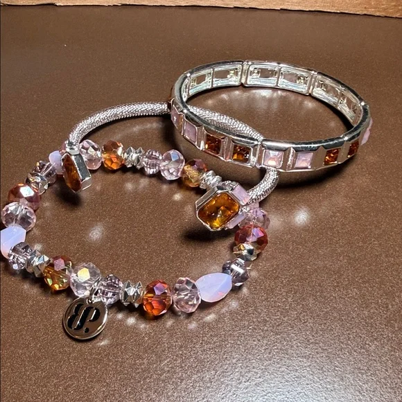 Bomb Party Peach Stack. Elegant Silver, Peach and Pink Bracelet Set - Picture 2 of 8